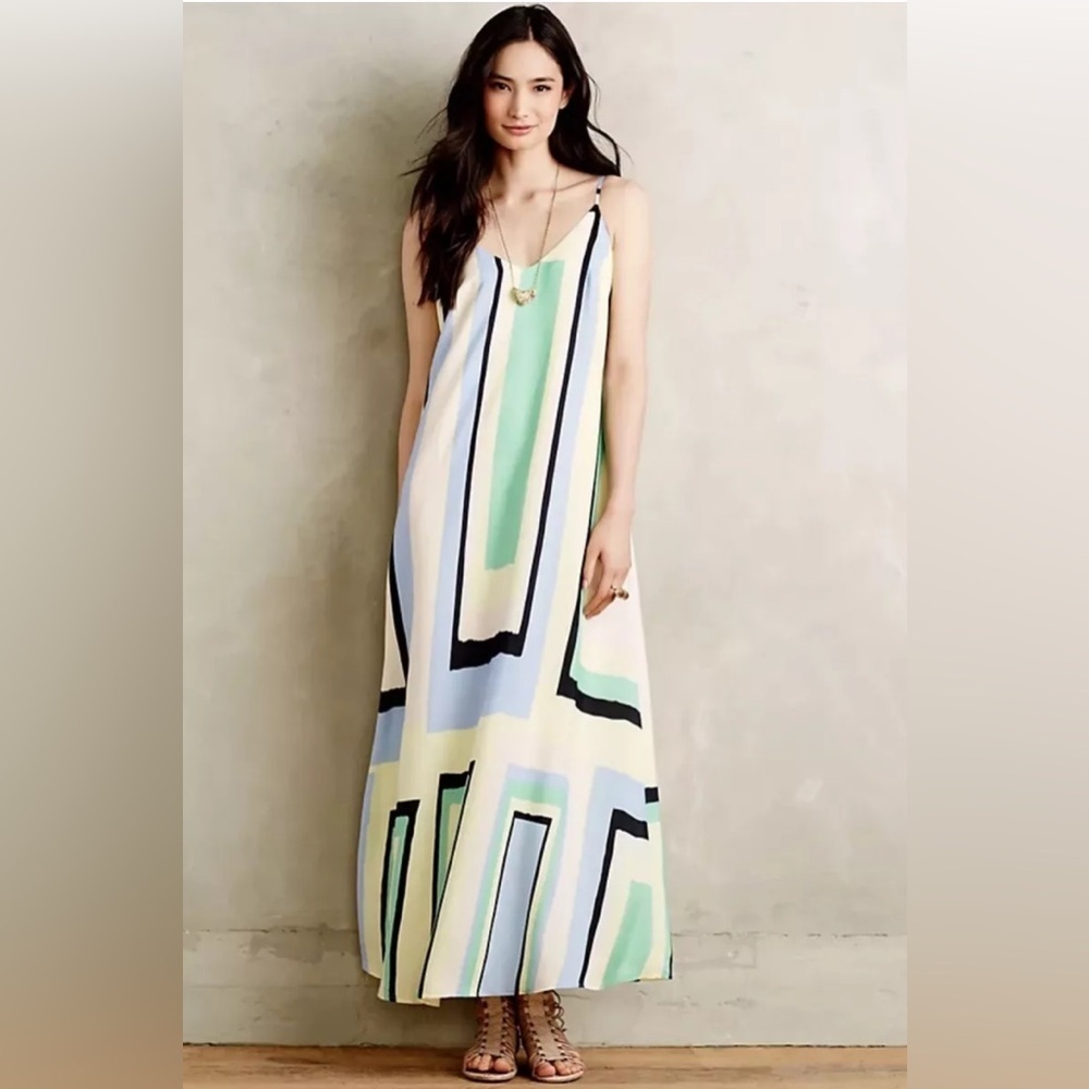 Anthropologie Maeve Geometric Print Maxi Dress XS pastel‎ spaghetti strap flowy